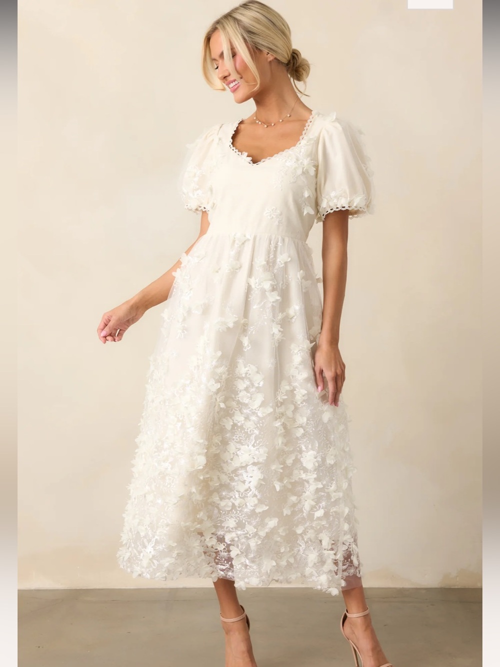Boutique Just Me Ivory 3D Floral Embellished Appliqué Maxi/Midi Dress Size Large - Picture 2 of 11